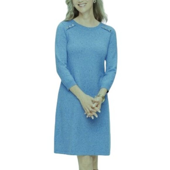 Talbots S Blue Speckled Kitty Tweed Shift Sweater Dress Button Accent, Like New - Picture 13 of 13